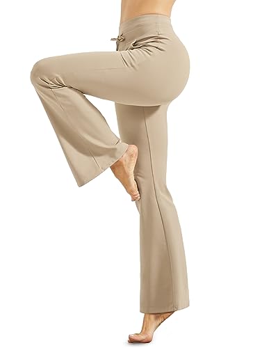 Promover Fleece Lined Flare Leggings for Women Yoga Pants with Pockets Workout Casual Winter Warm(Khaki,L)