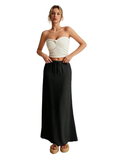 Women's 2025 Summer Casual Long Skirts Solid Color Drawstring Skirt
