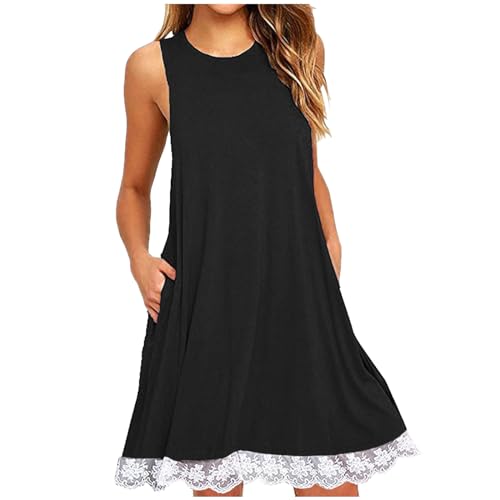 Sommerkleid Damen ärmellos Tank Top Kleid Einfarbig Lässige Lose Midikleid Sommer Casual Knielang Freizeitkleid Mit Spitze Teenager Mädchen...