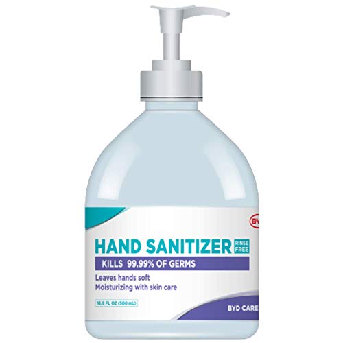 BYD Rinse-Free Hand Sanitizer with 72% Ethyl Alcohol, Unscented, 16.9 Fl Oz (500 mL), Pack of 4