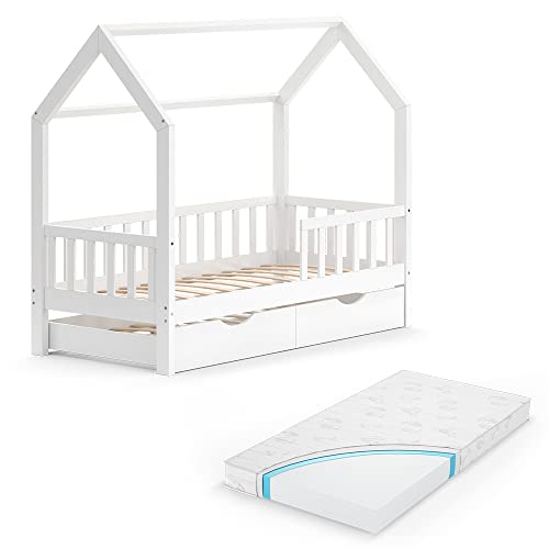 VitaliSpa Hausbett 80x160 cm Wiki mit Gästebett und Matratze - Weiß 168x150x87 cm hergestellt aus Holz - Bett perfekt für Kinder geeignet, gemütlicher Ort für sicheren Schlaf