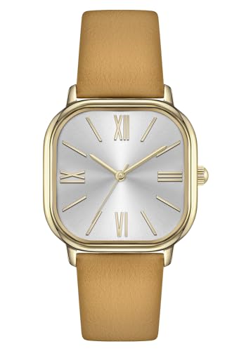 Bisley Women Gold Watch Square Watch Brown Leather Strap Watch Easy to Read Watch