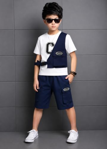 Image of Kids Boys 3-Piece Outfit Set | Half Sleeve T-Shirt, Utility Vest & Cargo Shorts with Cap | Stylish Casual Summer Clothing Set for Boys