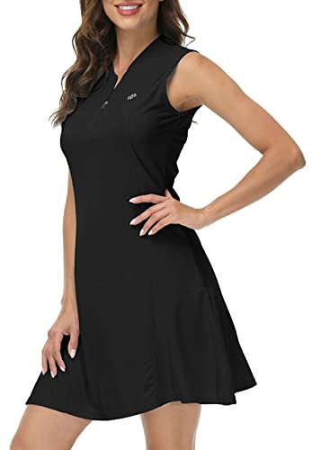Mofiz Women's Tennis Dress Zip Up Quick Dry Sleeveless Golf Workout Dresses Upf 50+ Sun Protection Black L #TOP1
