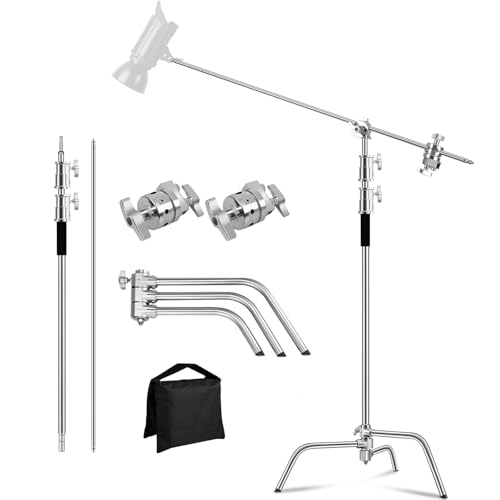 MSKIRA Stainless Steel C Stand with Boom Arm Max Height 10.8ft/330cm Heavy Duty Photography Light Stand with 4.2ft/128cm Holding Arm 2 Grip Head Sand Bag for Photo Studio Video Softboxes