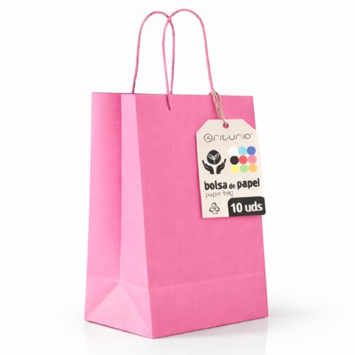 Bolsas de Papel Rosas XS con Asa – 10 uds, Bolsas Resistentes y Reciclables para Regalo y Comercio – OFITURIA (18x8x24 cm, Rosa)