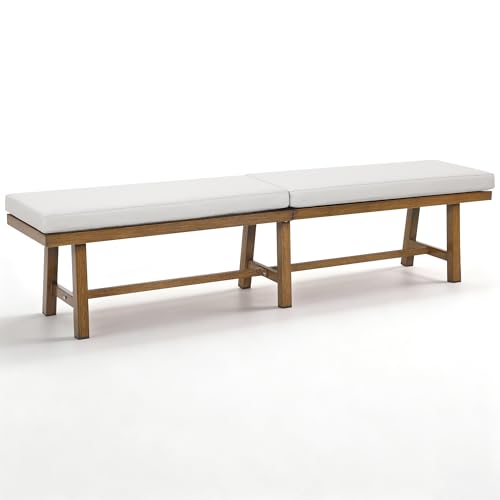 SEEHILL 76'' Outdoor Patio Bench, 3-Seat Never-Rust Aluminum Backless Outdoor Bench with Thick Cushion, Weatherproof Outdoor Dining Benches, Outside Porch Benches for Balcony, Deck, Garden, Lawn, Teak