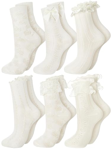 6 Pairs Ruffle Socks Women Frilly Lace Ankle Socks Cream Lolita Princess Bow Breathable