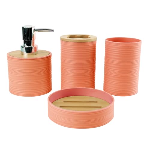Hosoncovy Juego de 4 recipientes de baño con dispensador de jabón, taza de baño, jabonera, cepillo de dientes y soporte para pasta de dientes (naranja morandi)