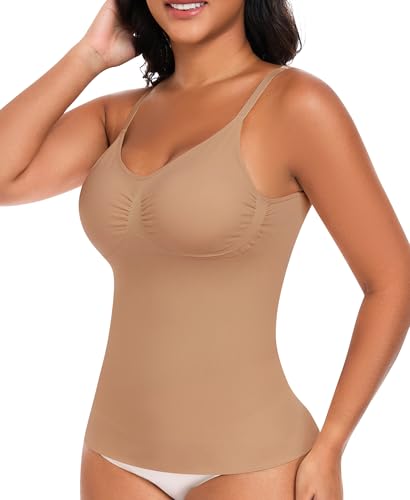 YARRCO Hauts sculptants Femme Débardeur Gainant Ventre Plat Gaine Amincissante Tanks Top Compression Sans Manches Sans Couture avec Soutien-Gorge avec Bretelles Ajustables (#1 Naturel,XL)