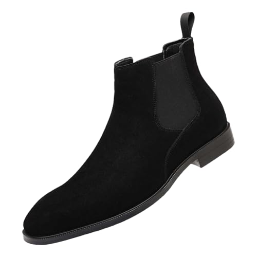 ANUFER Herren Rindsledern Wildlederleder Chelsea-Stiefel Quadratische Zehe Slip On Kleid Knöchelstiefel Schwarz SN0711231 EU43