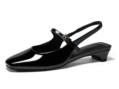 Coutgo Womens Mary Jane Chunky Low Heels Slingback Ballet Flats Closed Square Toe Wedding Dress Shoes
