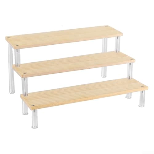 TDCuizent Estante de exhibición de escalera de madera + acrílico de 1 a 5 niveles, soporte organizador multicapa para figuras, cosméticos, postres, coleccionables, almacenamiento de encimera, fácil