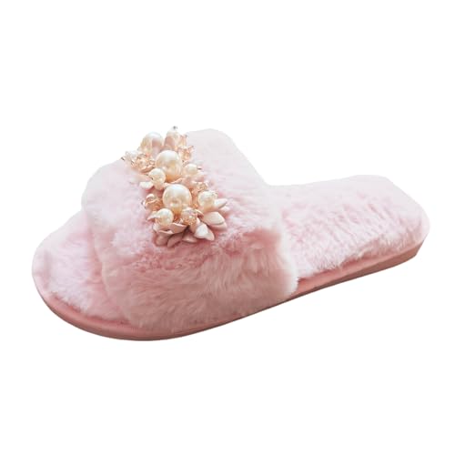 RTPR Pantuflas planas cómodas Zapatillas -Invierno Felpa Perlas Flores Decoración de Encaje Abierto Fondo Plano Zapatillas de Algodón Fidelio Zapatos Mujer, Rosa., 41 EU