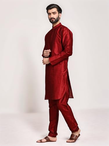 Image of SKAVIJ Men's Art Silk Solid Kurta Pyjama Set Festive Woven Design 2-Piece Ethnic Dress (KP055red Red L)