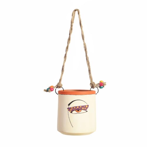 Image of AAKRITI ART CREATIONS Terracotta Hanging Planter | Handmade Boho Wall Basket Design with Rope, Modern Art, White Matte Finish | Decorative Hanging Pot for Indoor & Outdoor Home Decor