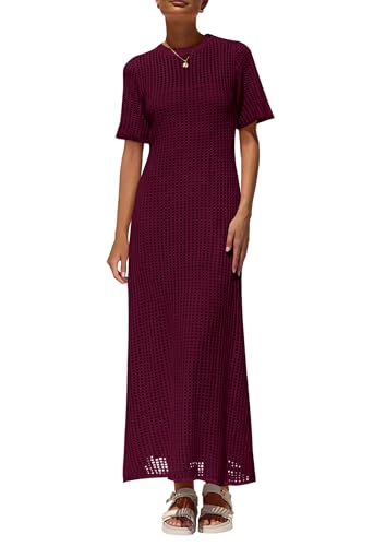 Image of PRETTYGARDEN Womens Eyelet Crochet Maxi 2 Piece Dress Sets | Knit Mesh Layered Two-Piece Dress, Short Sleeve Crew Neck Cover Up With Slip, Summer Resort Vacation Beach Hollow Out Dresses