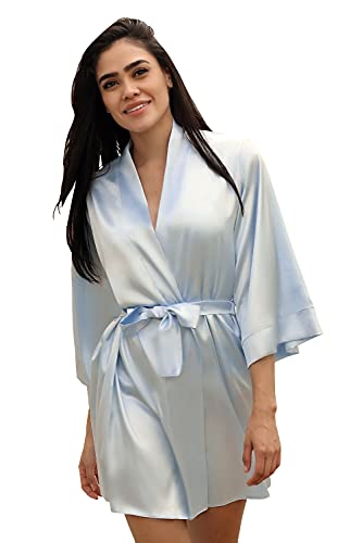DKaren Peignoir Femme Brooklyn, Satin, Ceinture, Longueur Genou, Manches Longues, Peignoir, L, Bleu Bébé, Bleu Ciel Cover