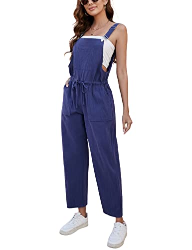 Yeokou Women's Fashion Cotton Linen Adjustable Strap Drawstring Waist Bib Overalls Jumpsuit（Navyblue-L） #TOP10