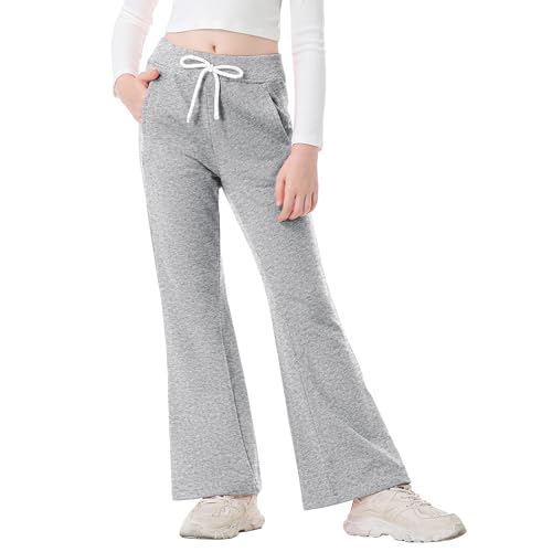 Rolanko Girls Flare Wide Leg Sweatpants Elastic Waist Bell Bottoms Pants for Kids Sweats with Pockets (Grey, 14-16)