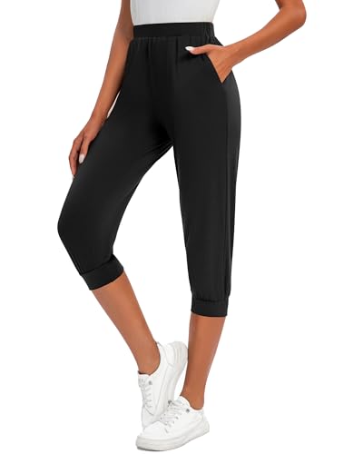 Riyiper 3 peças de calça capri feminina cropped jogger calça de ioga cintura elástica com bolsos, Pr