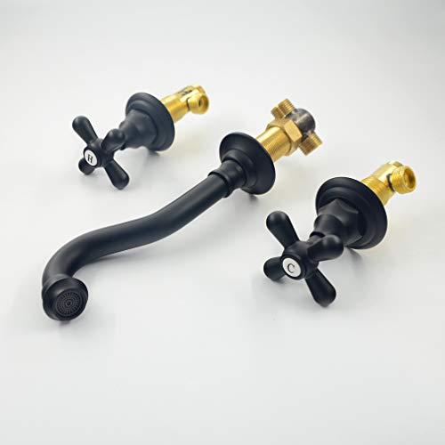 Black Matte Wall Mounted Bathroom Faucet With Dual Cross Handle, Rough-In Valve, Widespread Waterfall Spout Tap In Wall For 3-Hole Basin Lavatory, Oil-Rubbed Bronze Finish Bathtub Vessel Sink #TOP7