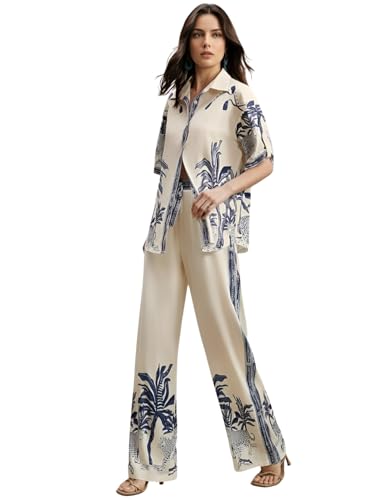 Image of NAINVISH Women's Rayon Co-Ord Set | Printed Shirt and Pant Set for Women | Casual Two Piece Lounge Outfit | Western Outfit