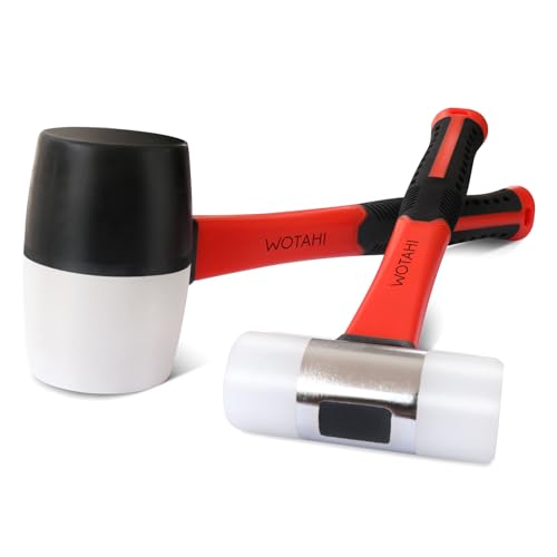 WOTAHI 2-Piece Rubber Mallet Hammer Set-16 oz. White and Black Rubber Mallet and 35 mm Dual Nylon Head Installation Hammer, Soft Grip Fiberglass Handle, Double-faced Non-marring and Solid Head