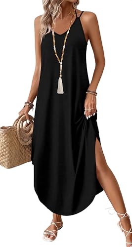 WIHOLL Black Long Dresses for Women Halter Dress Boho Summer Sundresses Beach Vacation Clothes Cruise Vacation Outfits Hawaiian Long Dresses Wedding Guest Tropical Resort Wear Graduation Cruise M