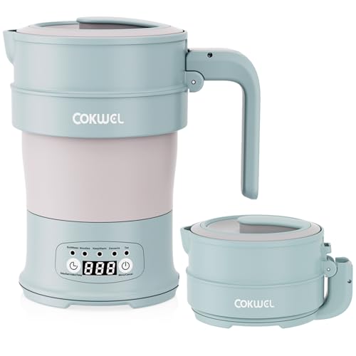 COKWEL Collapsible Electric Travel Kettle, Portable Camping Mini Kettles, 0.7L 1000W Food Grade Silicone Fast Boiling Foldable Water Boiler Saml Kettle with Temperature Adjustable, Tea Coffee, Noodles