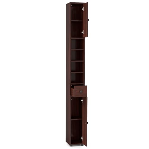Giantex Slim Bathroom Storage Cabinet - Tall Narrow Floor Cabinet Cupboard with 2 Doors, 5 Adjustable Shelves, Drawer, Anti-Tipping Device, Thin Linen Tower Cabinet for Living Room, Reddish Brown