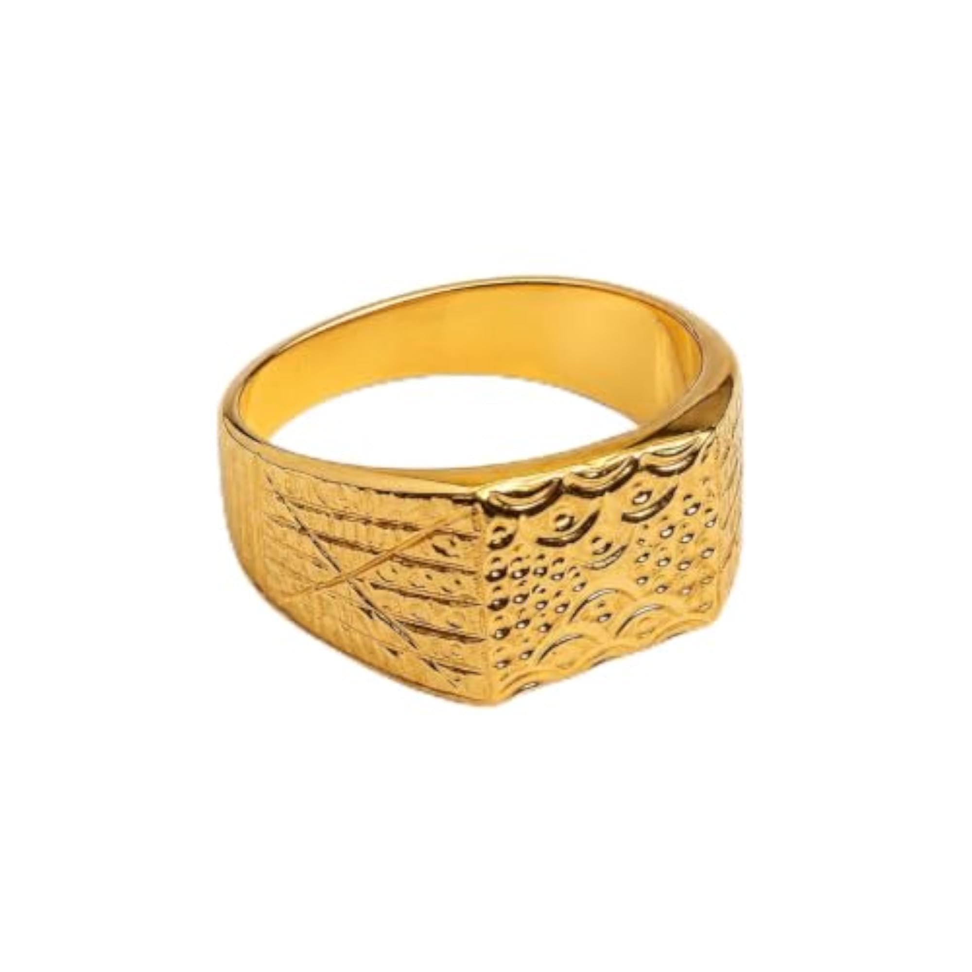 Men's Gold-Toned Engraved Signet Ring with Textured Pattern