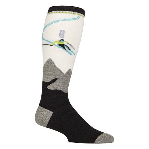 HEAT HOLDERS LITE - Mens Thermal Ultra Thin Funky Ski Socks - Knee High Length with Padded Heel & Toe (UK, Alpha, One Size, Regular, Regular, Black/Grey)