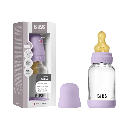 Image of BIBS Boheme Baby Glass Bottle 4 oz /120 ml. Anti-Colic. Round Natural Rubber Latex Nipple. Supports Natural Breastfeeding - Violet Sky