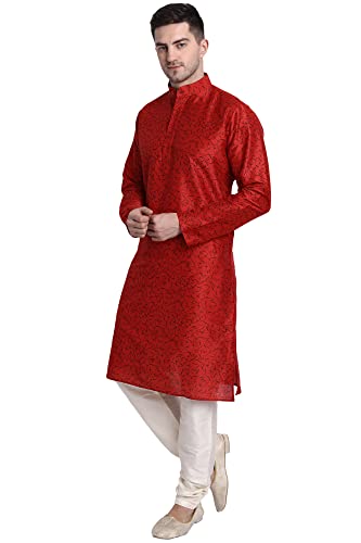Image of Men's Art Silk Printed Kurta Pajama Set Mandarin Collar Ethnic Motifs Party Dress