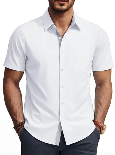 PJ PAUL JONES Dress Shirts for Men Short Sleeve Casual Button Up Shirts Lightweight Untucked Shirt White with Pocket XL