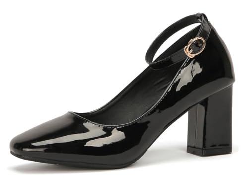 YooPrettyz Women Mary Jane Square Toe Shoes Patent Leather Dress Pumps Fashion Block Heels Vintage Shoes