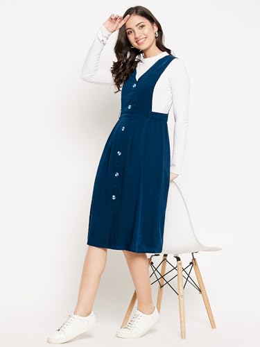 Image of WineRed Women Soild Pinafore Dress with Button