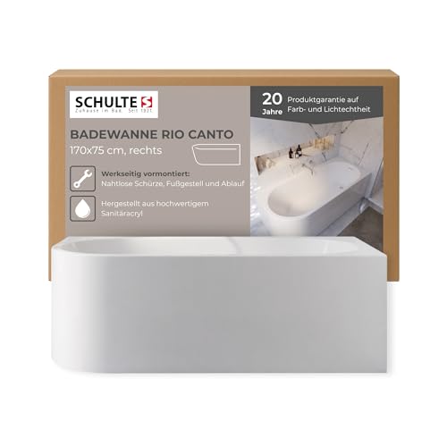 Schulte Badewanne Rio Canto rechts inkl. vormontierter Schürze, 170x75 cm, Set inkl. Fußgestell und Ablauf aus hochwertigem Acryl in Weiß glänzend