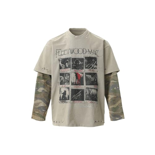 Streetwear Graphic Fake Two-Piece Distressed Shirts Letter Long Sleeve Grunge Tee Clothes