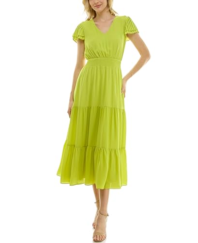 Image of Nanette Nanette Lepore Women's Tiered Pull on Fully Lined Dress with Smock Waist and Pleated Flutter Sleeve