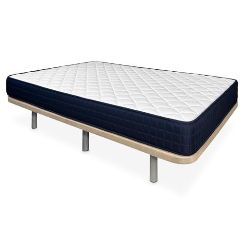 Duérmete Online   Cama Completa con Colchón Lua Reversible + Base Tapizada Extra Reforzada con 6 Patas Cilíndricas Metálicas Roscadas, 90 x 190, Beige