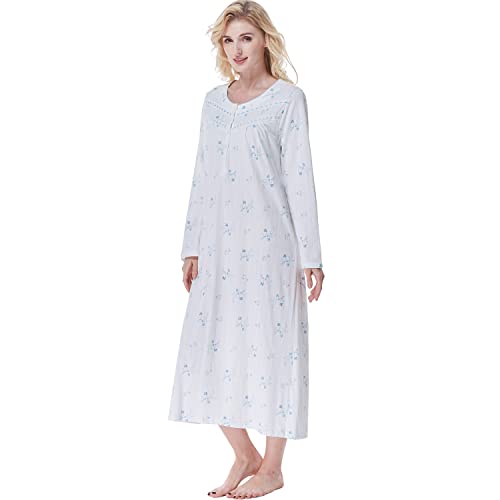 Keyocean Nightgowns For Women, 100% Cotton Knit Long Sleeves Soft Older Ladies Sleeping-Gown, Cream With Blue Floral, Medium #TOP7