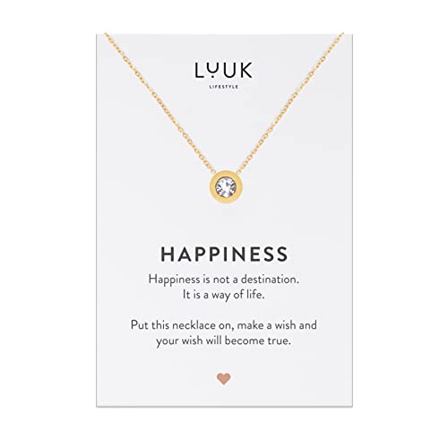 LUUK LIFESTYLE Filigrane Edelstahlkette mit Strass Anhänger und HAPPINESS Spruchkarte Geschenkidee Modeschmuck Geschenkidee für die Freundin Rosé