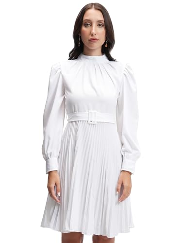 Image of Tokyo Talkies Women's Elegant A-Line Dress with Belt & Pleated Dress- Sophisticated Full-Sleeve Style for Any Occasion