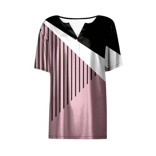 Blusa feminina gola V Henley verão patchwork abotoada manga curta casual solta confortável para sair