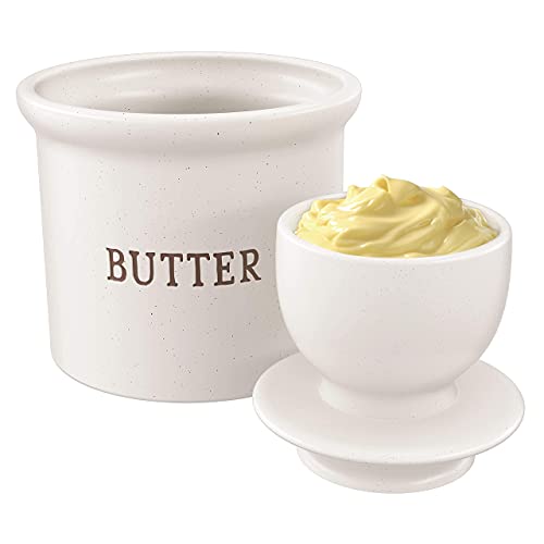 Kook Butter Keeper Dish, French Ceramic Crock With Lid, Embossed Container, For Soft Butter (Oatmeal) #TOP1