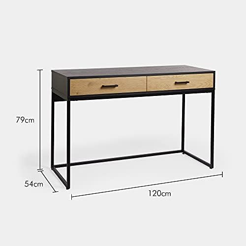 VonHaus Industrial Style Desk - Home Office Desk - Black & Oak Wood Effect Writing Study Desk w/ 2 Storage Drawers - Modern Simple Style Computer Workstation for Bedroom & WFH