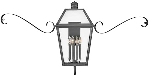 Hinkley Nouvelle Four Light Outdoor Large Wall Lantern with Scroll, Blackened Brass/Black
