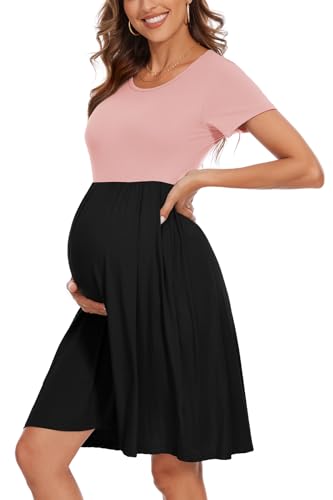 Image of WOOXIO Women's Short Sleeve Maternity Dress Patchwork Pregnancy Clothes with Pockets